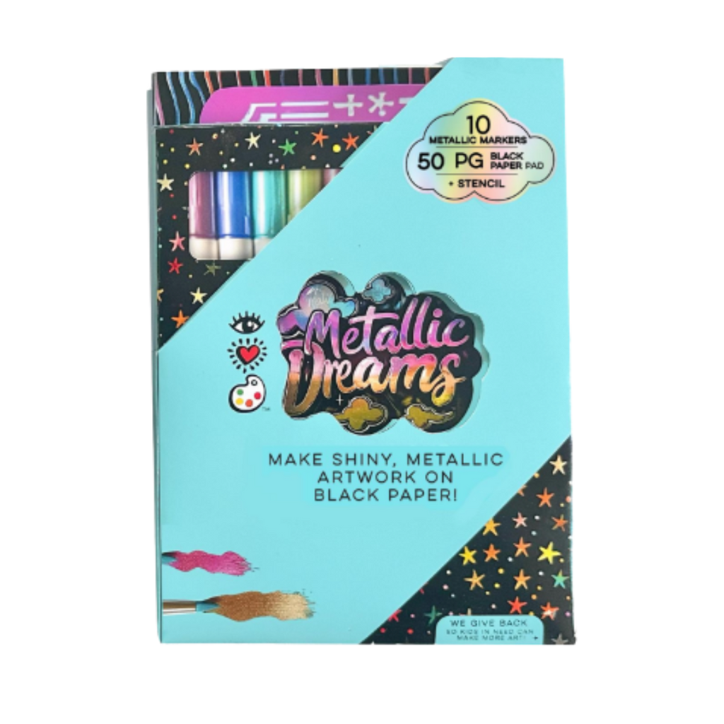 Packaging of 'Metallic Dreams' art supplies with markers and paper pad on a white background