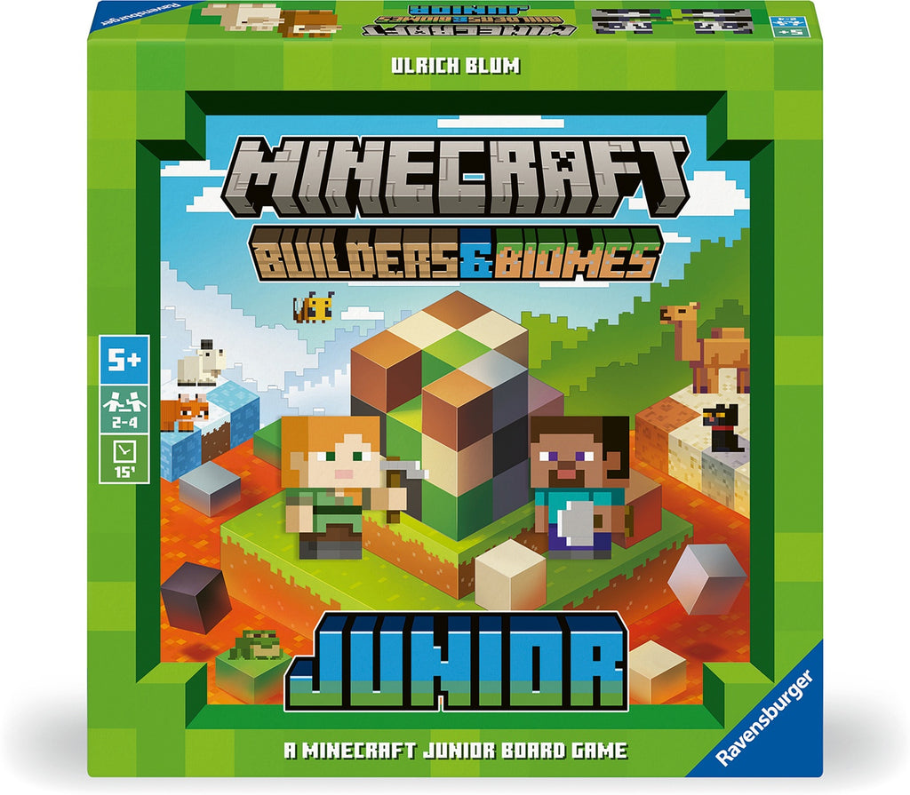 Minecraft Builders & Biomes Junior board game box with colorful graphics and text.