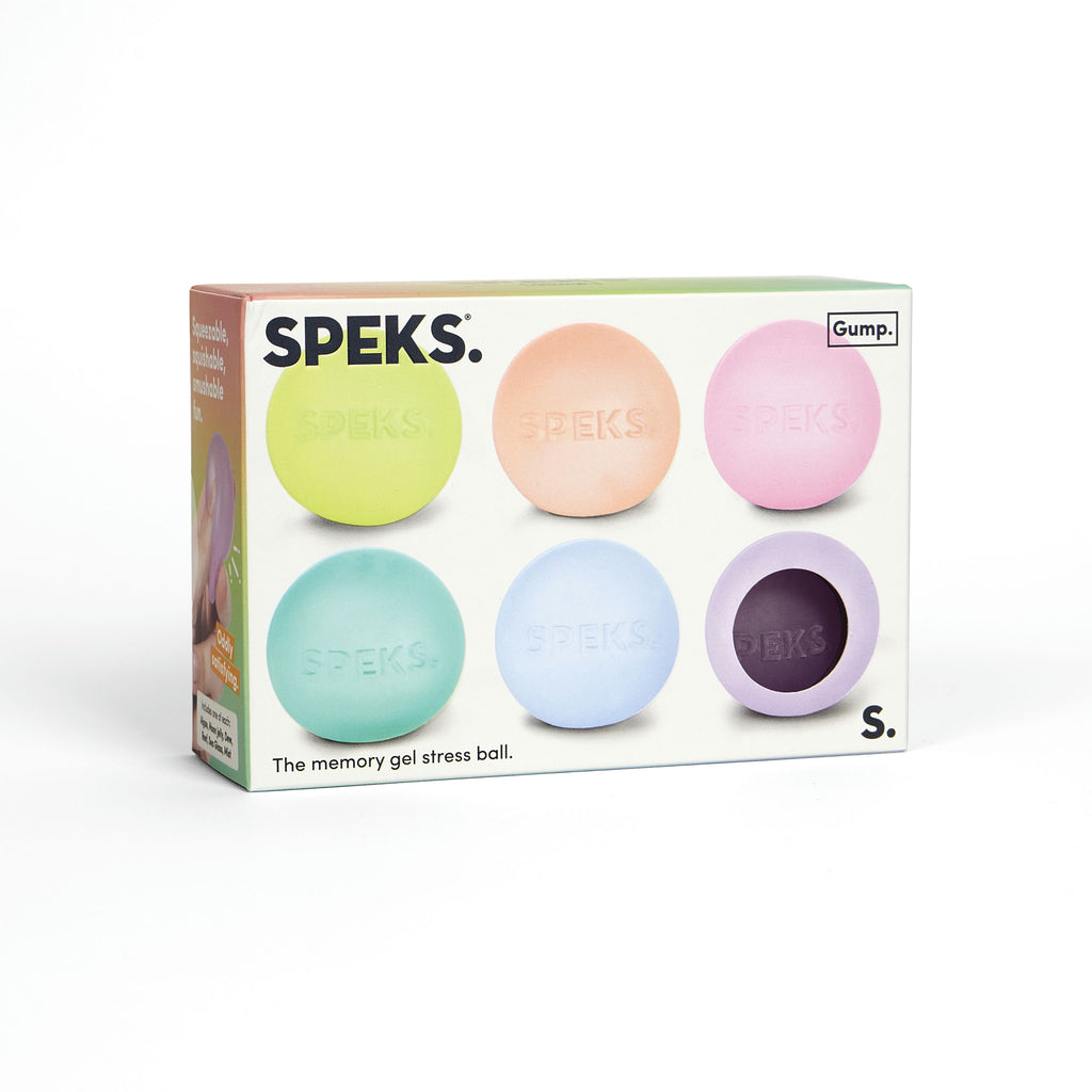 Speks memory gel stress ball set in pastel colors with packaging on a white background