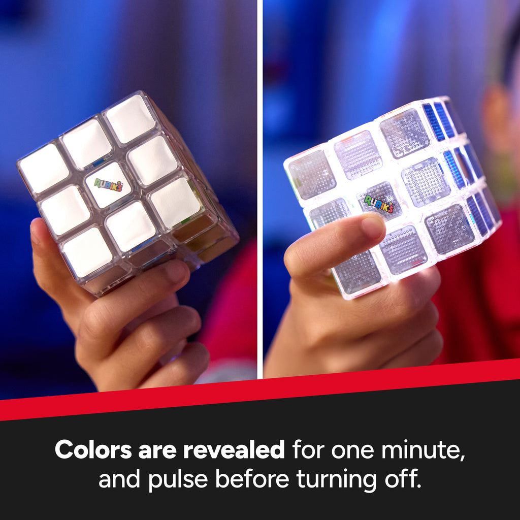 Two views of a Rubik's cube-like device held in hands with a colorful background.