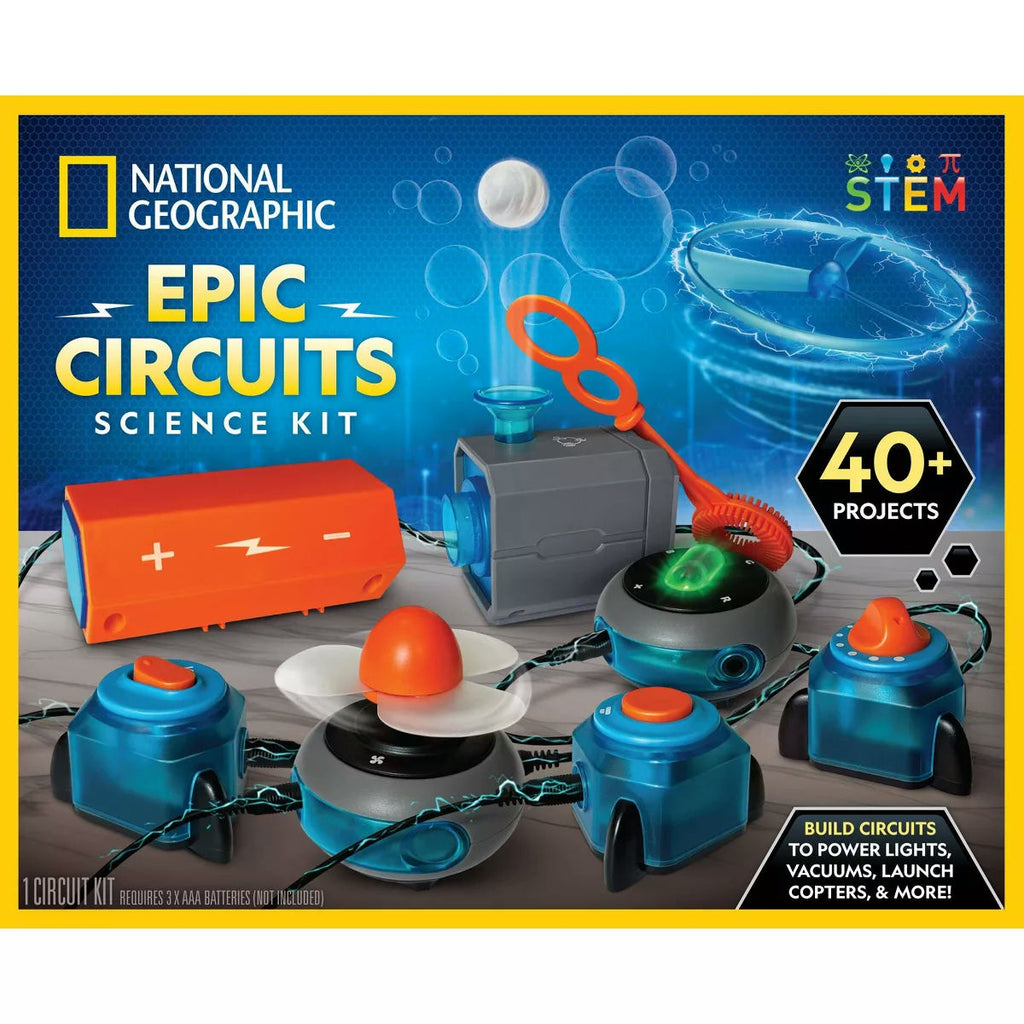 National Geographic Epic Circuits Science Kit packaging with colorful components and text on a blue background.