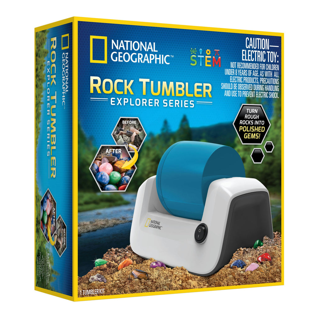 National Geographic Rock Tumbler packaging with images of rocks and a river.