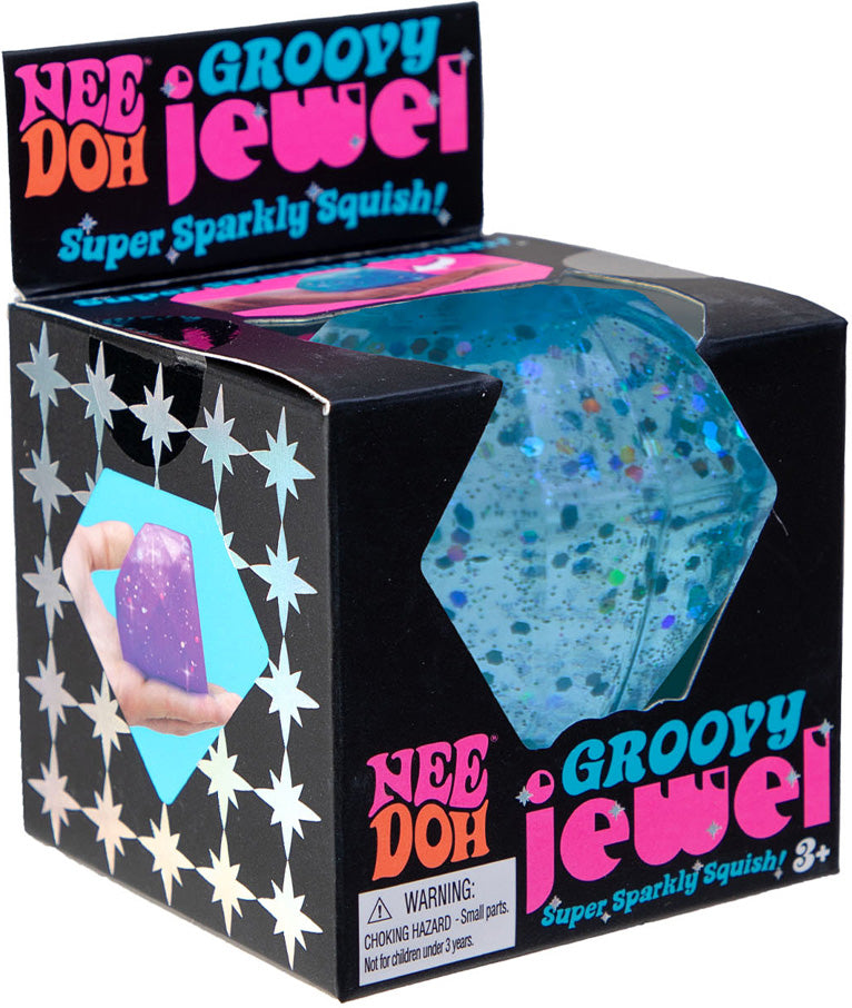 Box of Nee Doh Groovy Jewel with blue glittery toy inside