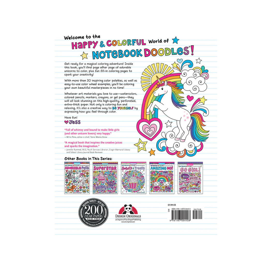 Back cover of a coloring book with unicorn illustration and text about the 'Happy & Colorful World of Notebook Doodles'.