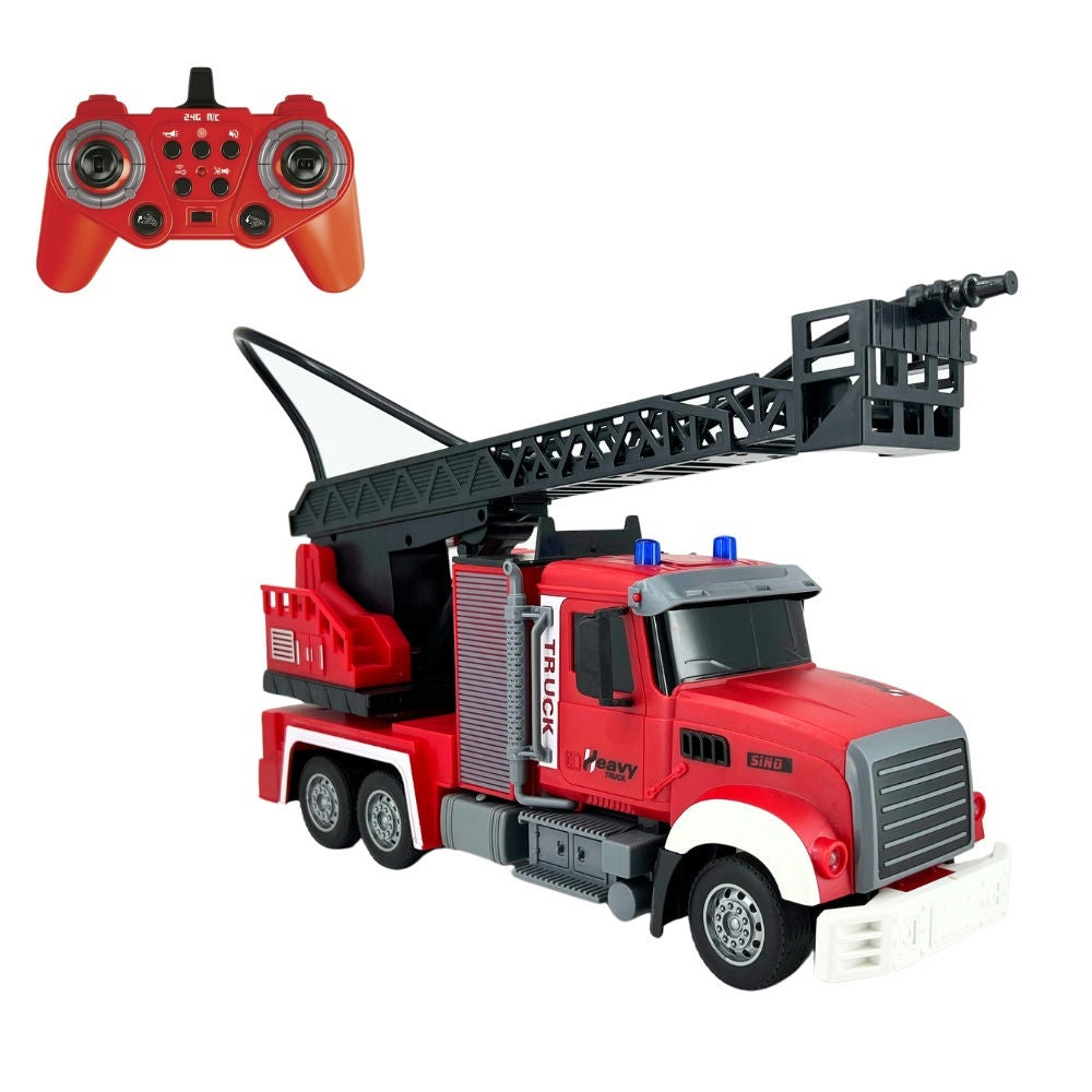 Red toy truck with crane and remote control on a white background