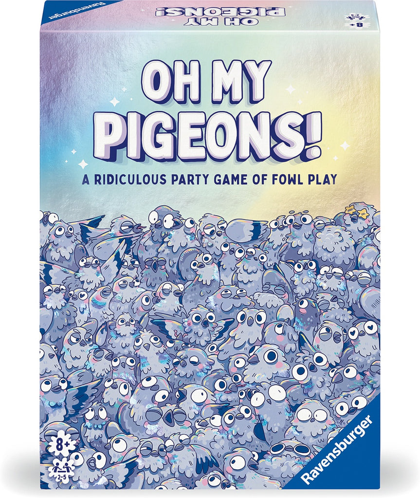Board game box for 'Oh My Pigeons!' by Ravensburger with pigeon illustrations on a blue and yellow background.