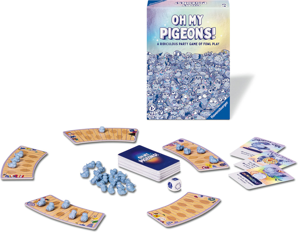 Board game set with cards, dice, and game pieces on a white background