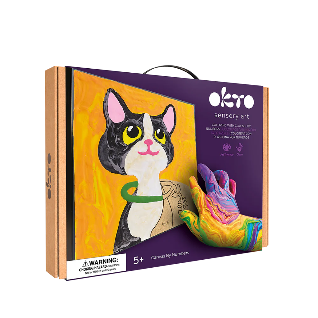 Okto sensory art kit packaging with a cat illustration and colorful clay, on a white background