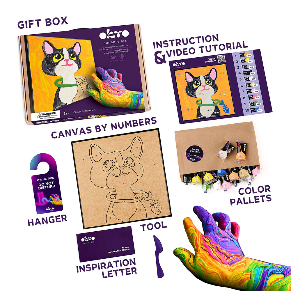 Sensory art kit contents with cat design, including a box, canvas, tools, and hand with colorful paint.