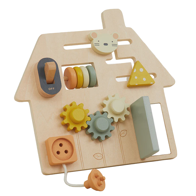 Wooden toy with gears and shapes on a white background