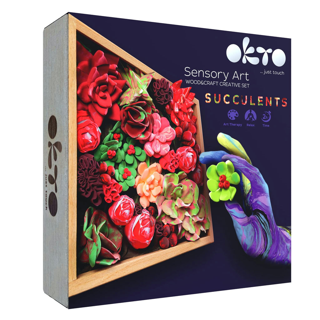 Box of Okto Sensory Art Woodcraft Creative Set Succulents with colorful succulent designs and a hand holding a green succulent.