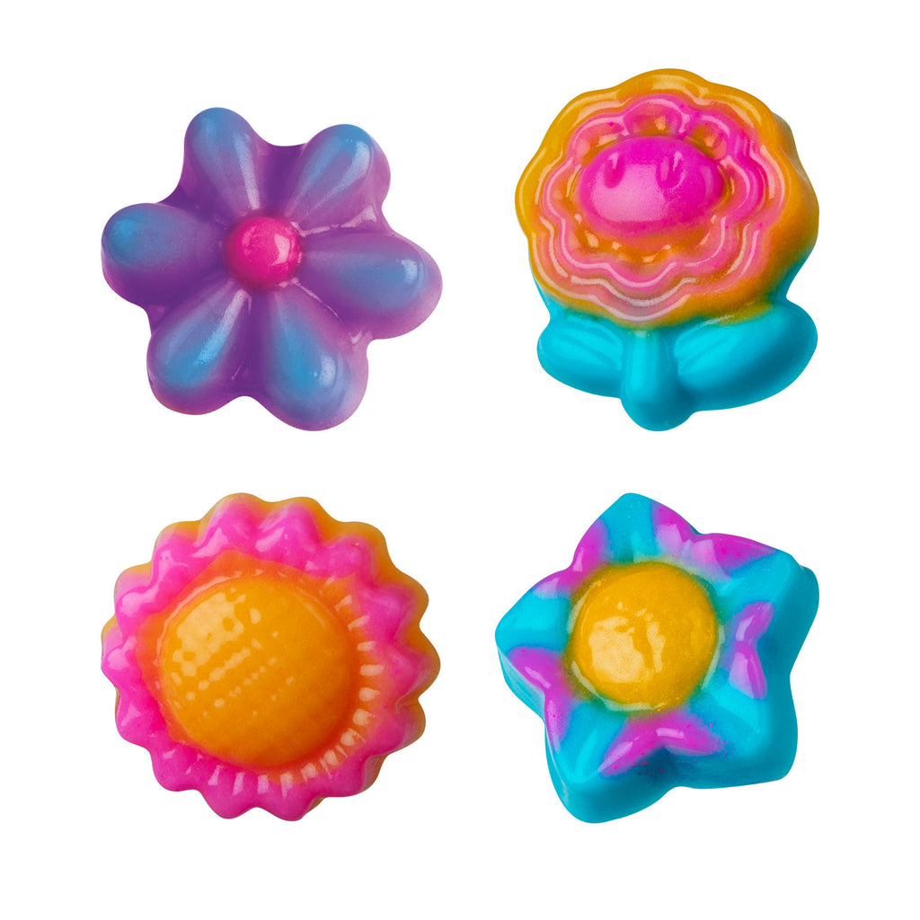 Four colorful flower-shaped objects on a white background