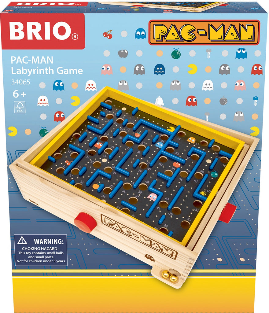 BRIO Pac-Man Labyrinth Game packaging with maze design and colorful graphics.