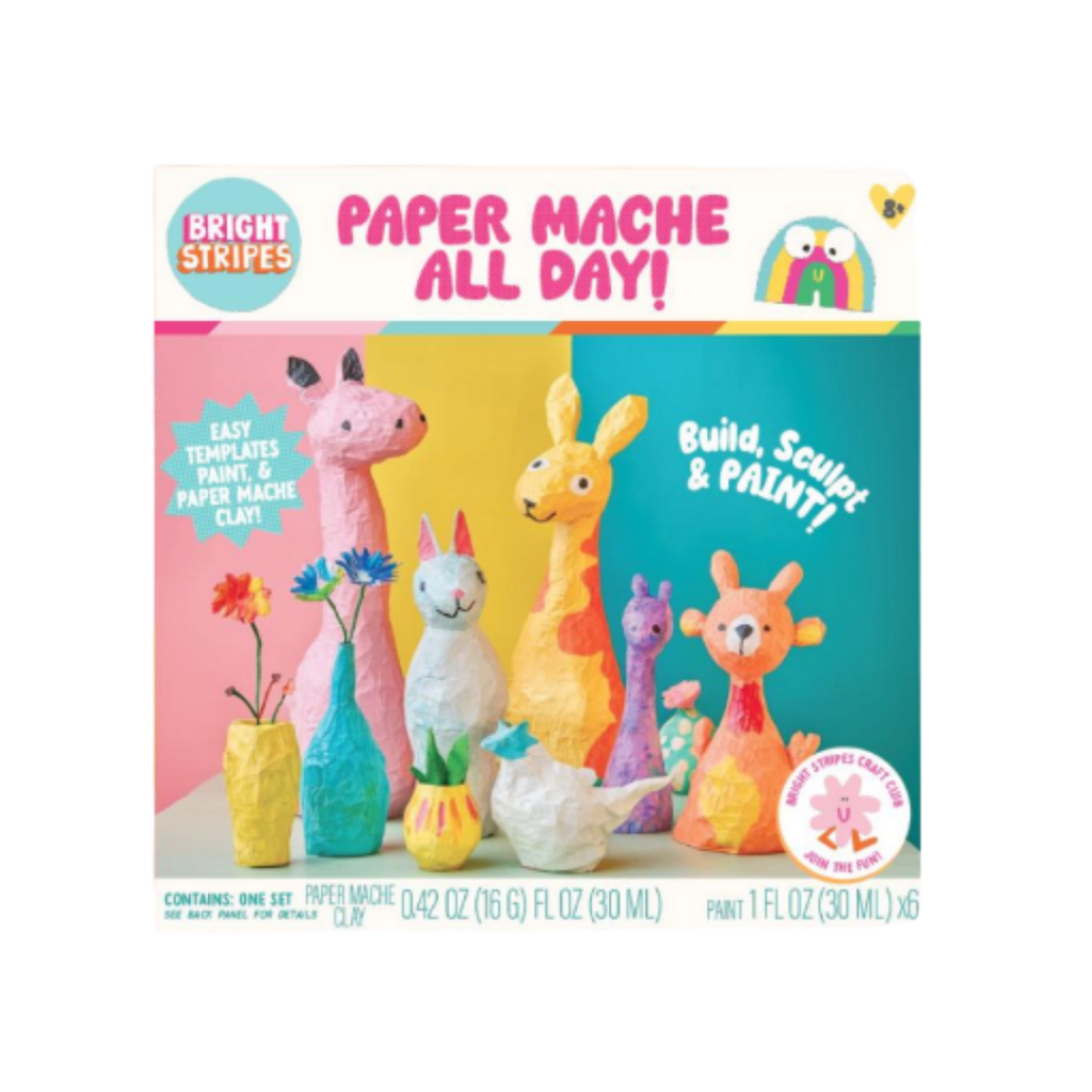Box of Bright Stripes paper mache kit with colorful animals and paint supplies on a white background