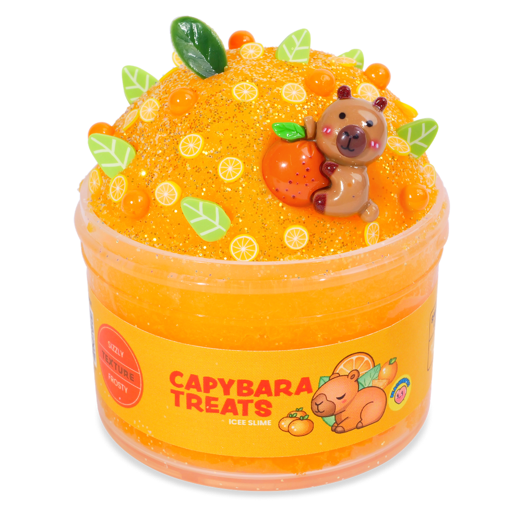Orange-colored jar with capybara design and 'Capybara Treats' branding on a white background
