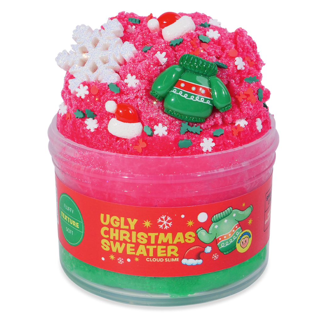 Cloud slime with Christmas-themed decorations in a clear container labeled 'Ugly Christmas Sweater'.