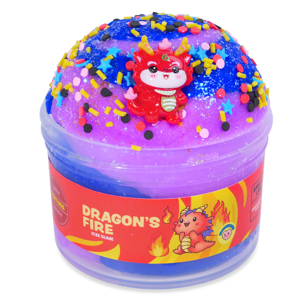 Colorful slime product with a dragon design on a white background