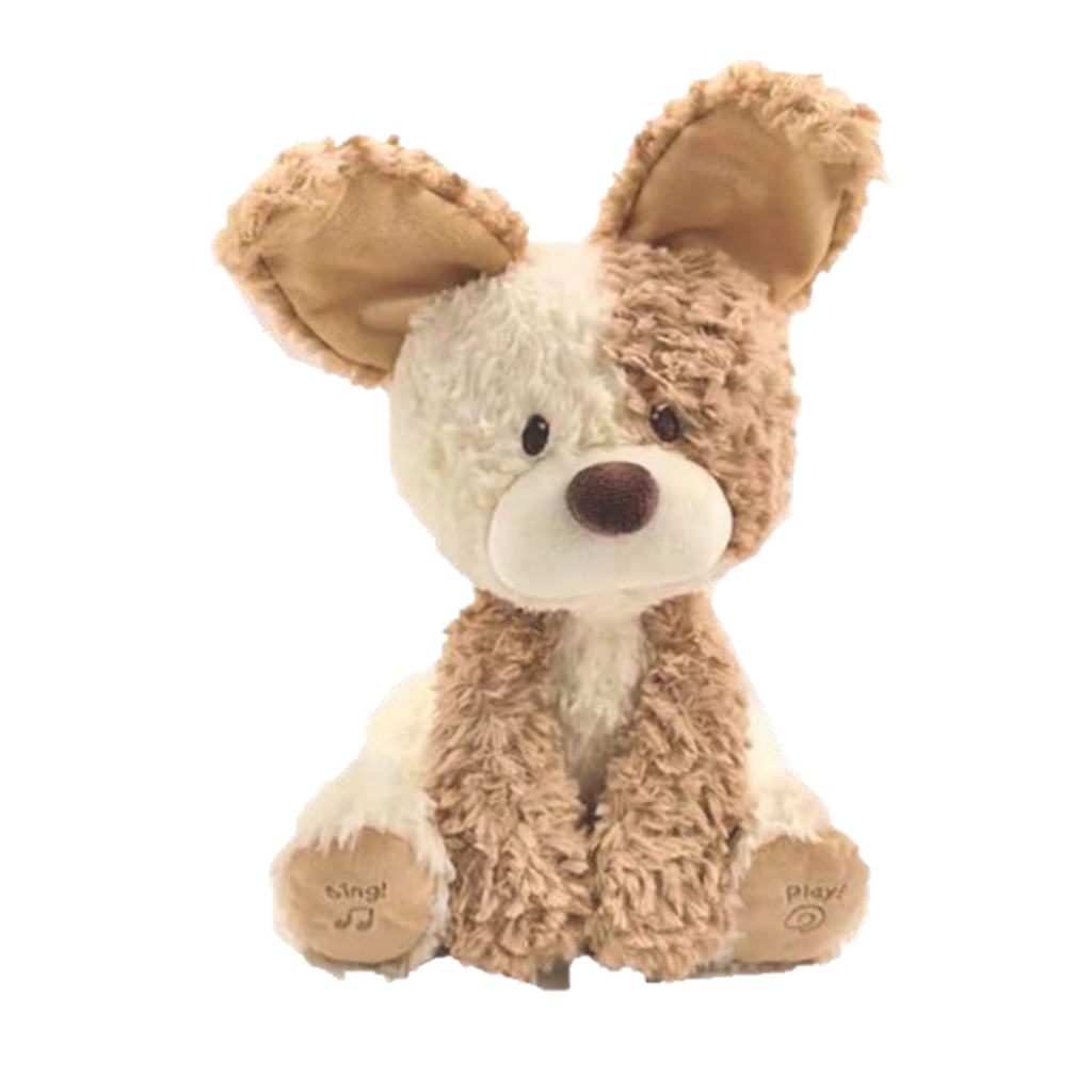 Plush toy dog with brown and white fur on a white background
