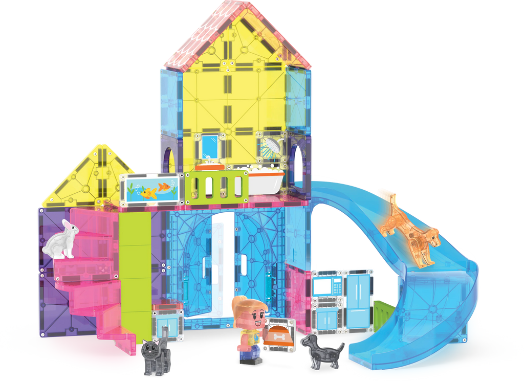 Colorful magnetic toy building set with a slide and characters on a white background