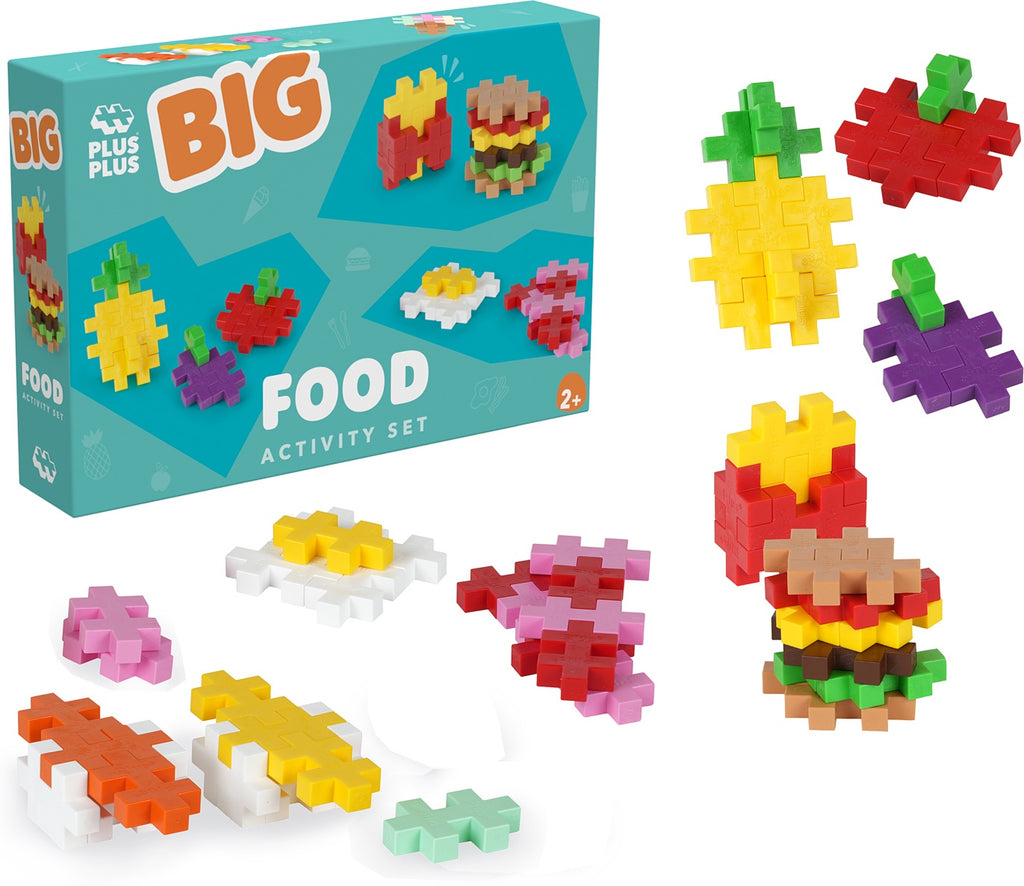 Colorful Plus Plus building block set with 'BIG' branding and food-themed pieces.