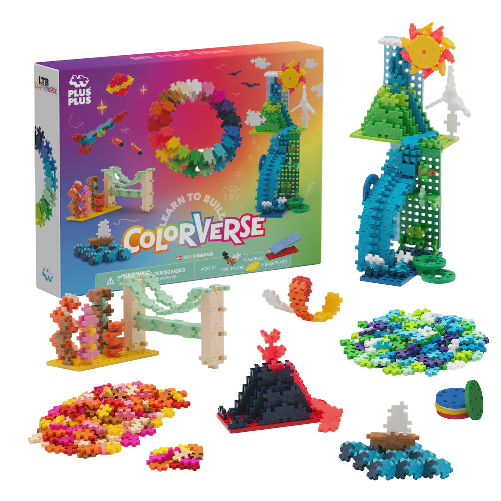 Colorverse building block set with colorful components and packaging on a white background