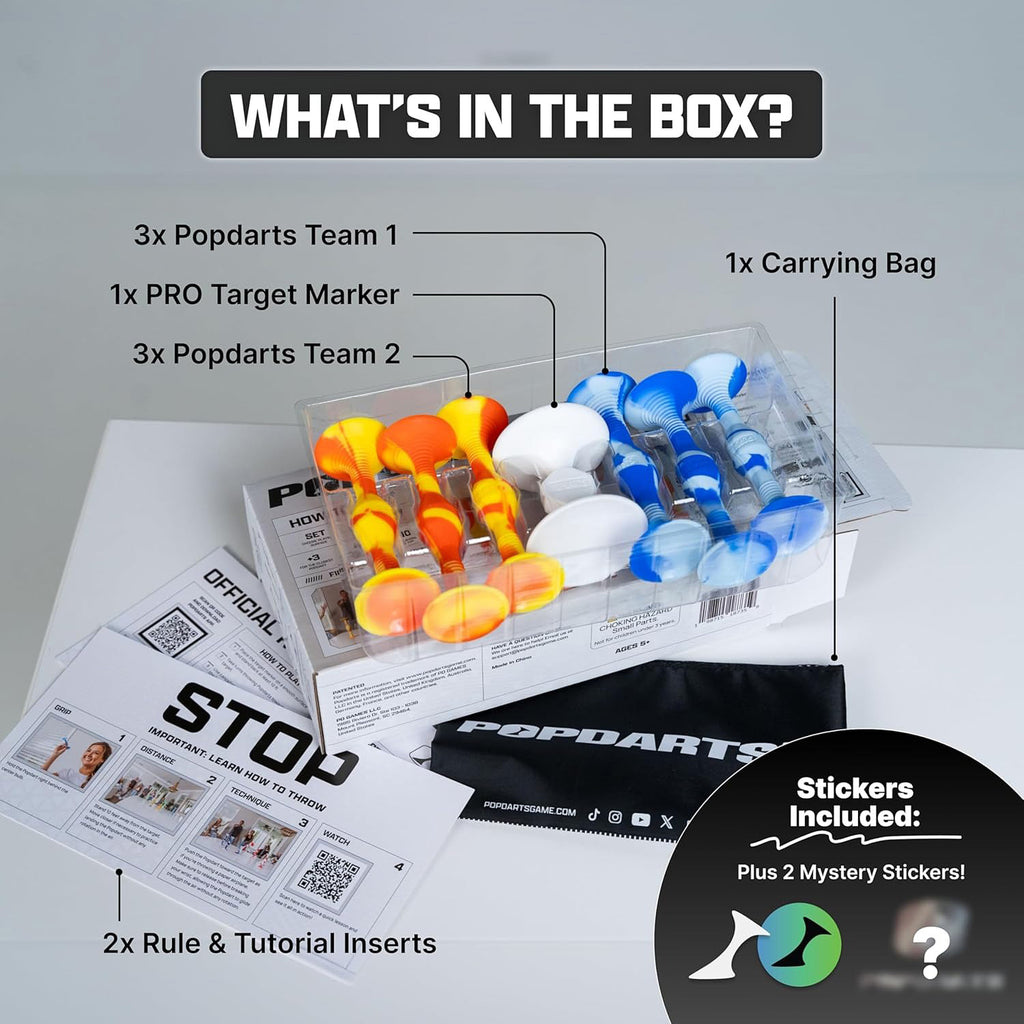 Popdarts product packaging with contents listed and branding visible.