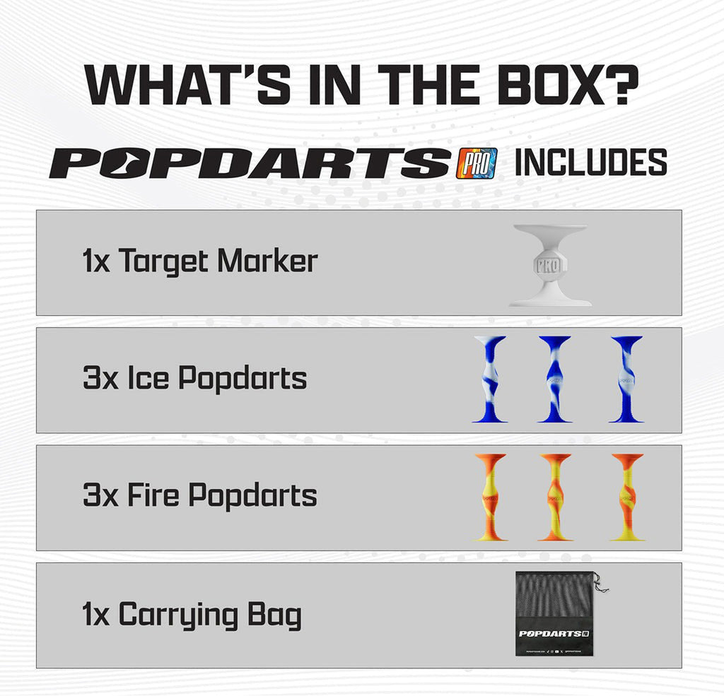 Product packaging for Popdarts with contents listed on a white background
