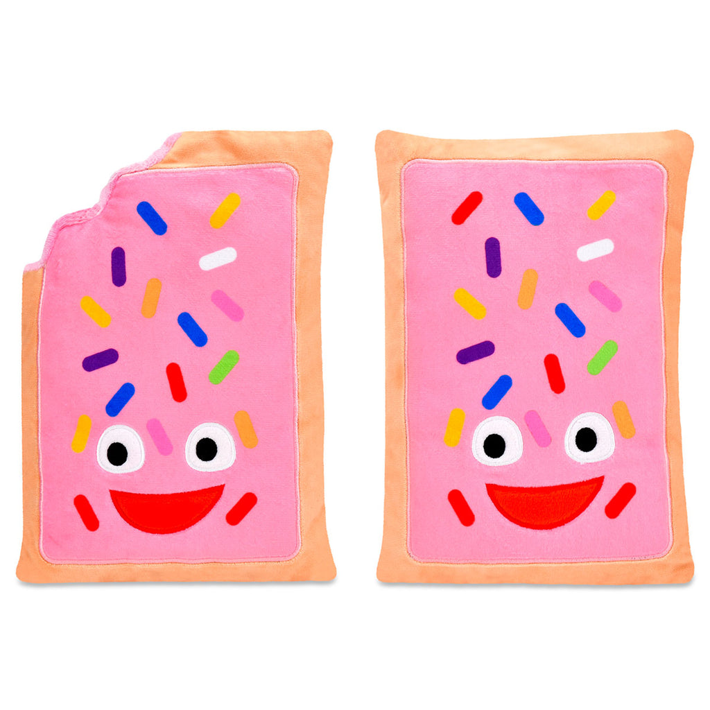 Two plush toys shaped like pink pastries with colorful sprinkles and a smiling face on a white background.