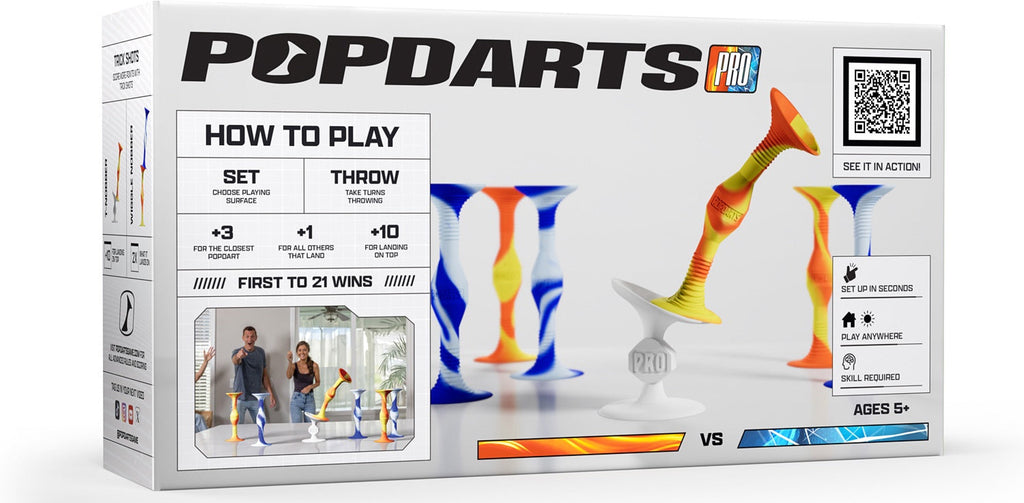 Box of PopDarts Pro game with colorful darts and instructions on a white background