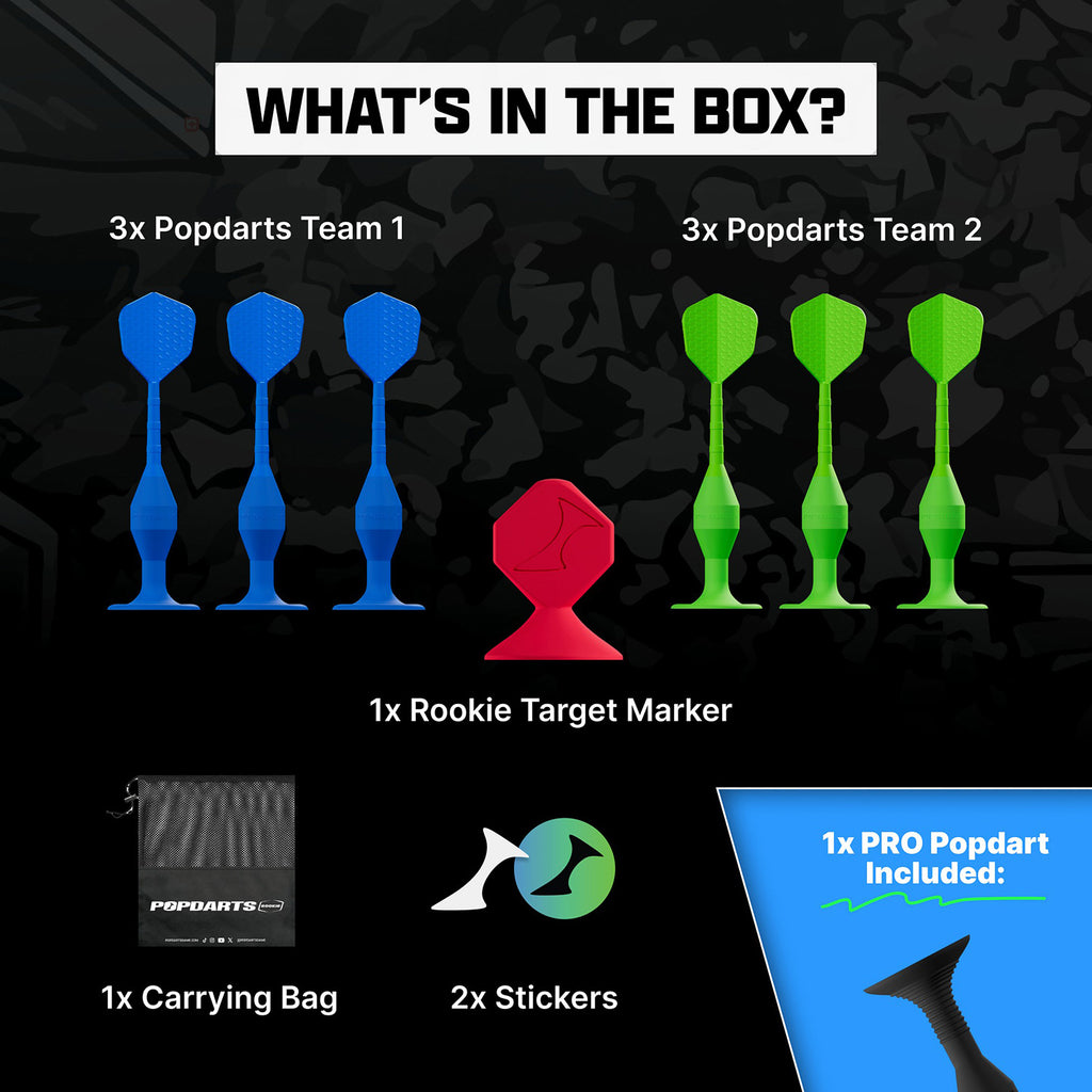 Product packaging with illustrations of darts and accessories on a dark background