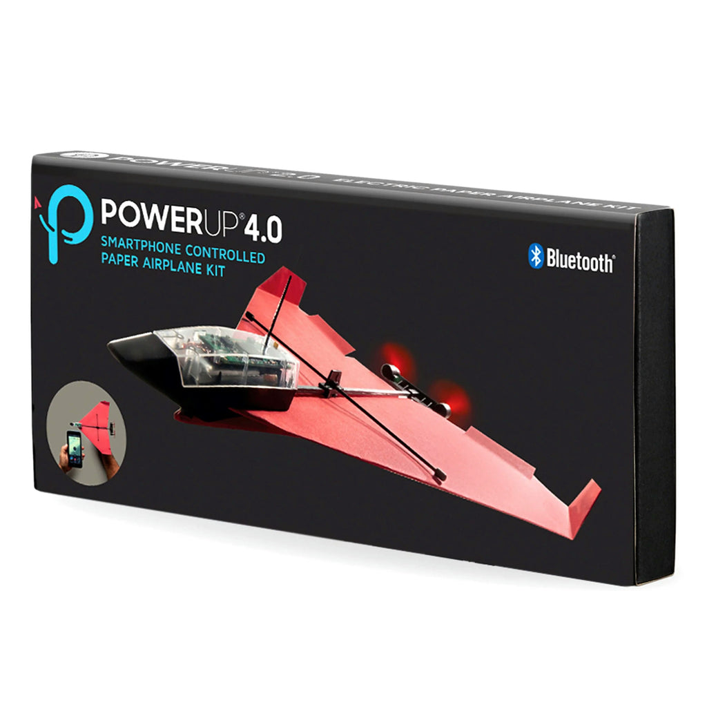 Box of PowerUp 4.0 smartphone controlled paper airplane kit with Bluetooth logo.
