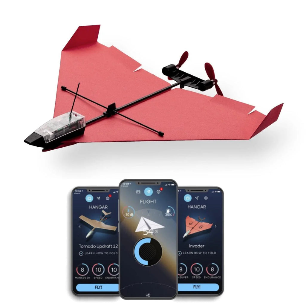 Red paper airplane with remote control and smartphone app interface on a white background