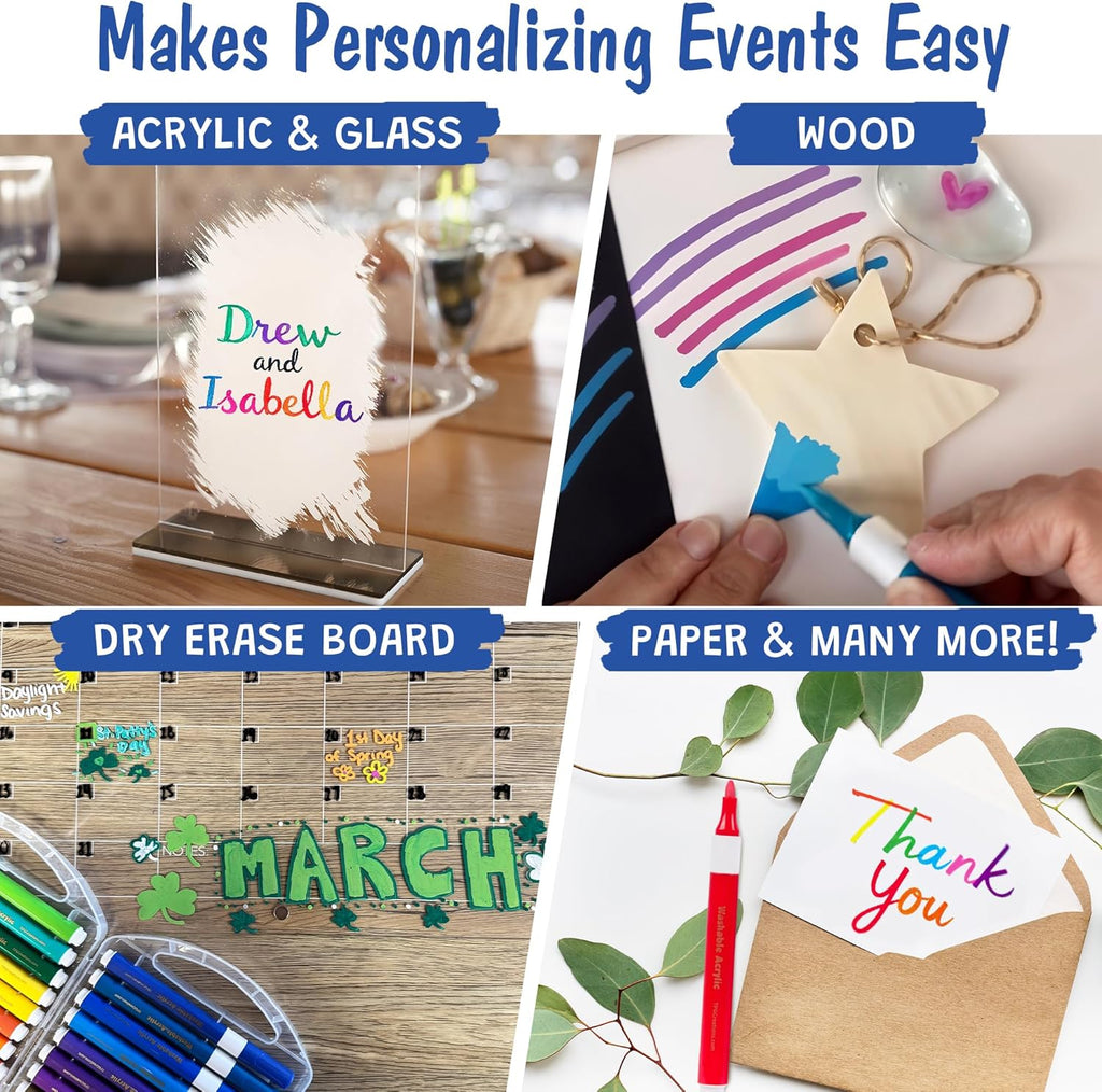 Collage of personalized items including acrylic and glass signs, wooden tags, dry erase boards, and paper with text and graphics.