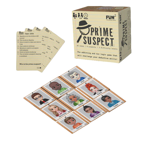 Prime Suspect game components including cards and box on a white background