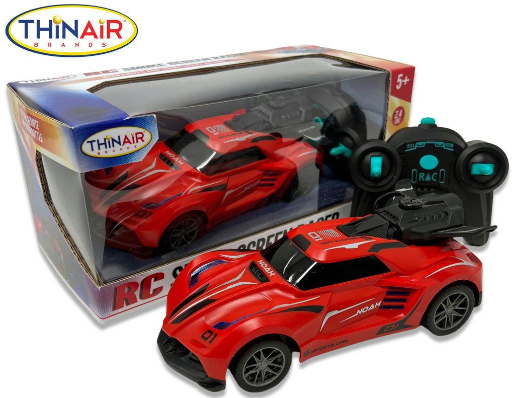 Red remote control car with black details in front of its packaging, featuring the THIN AIR brand.