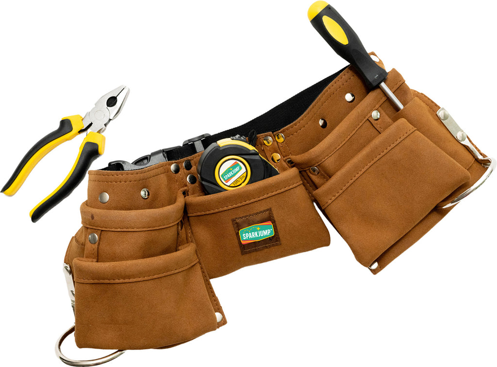 Brown tool belt with various tools on a white background