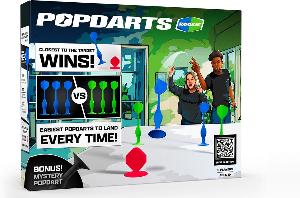 Popdarts game box with colorful darts and images of people playing on a white background