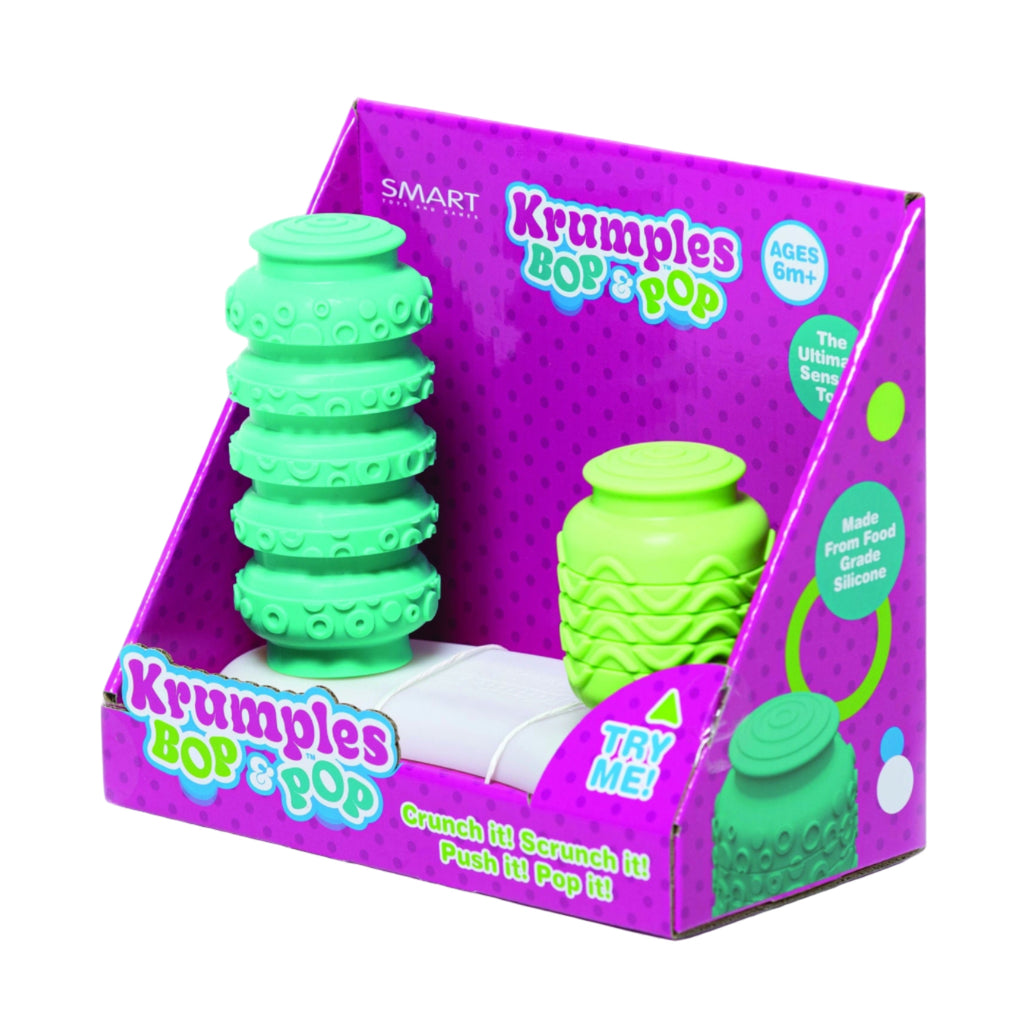 Green Krumples Bop Pop toy with packaging on a white background
