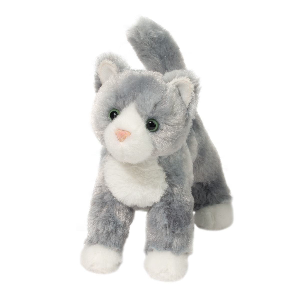 Photo of grey plush cat on a white background