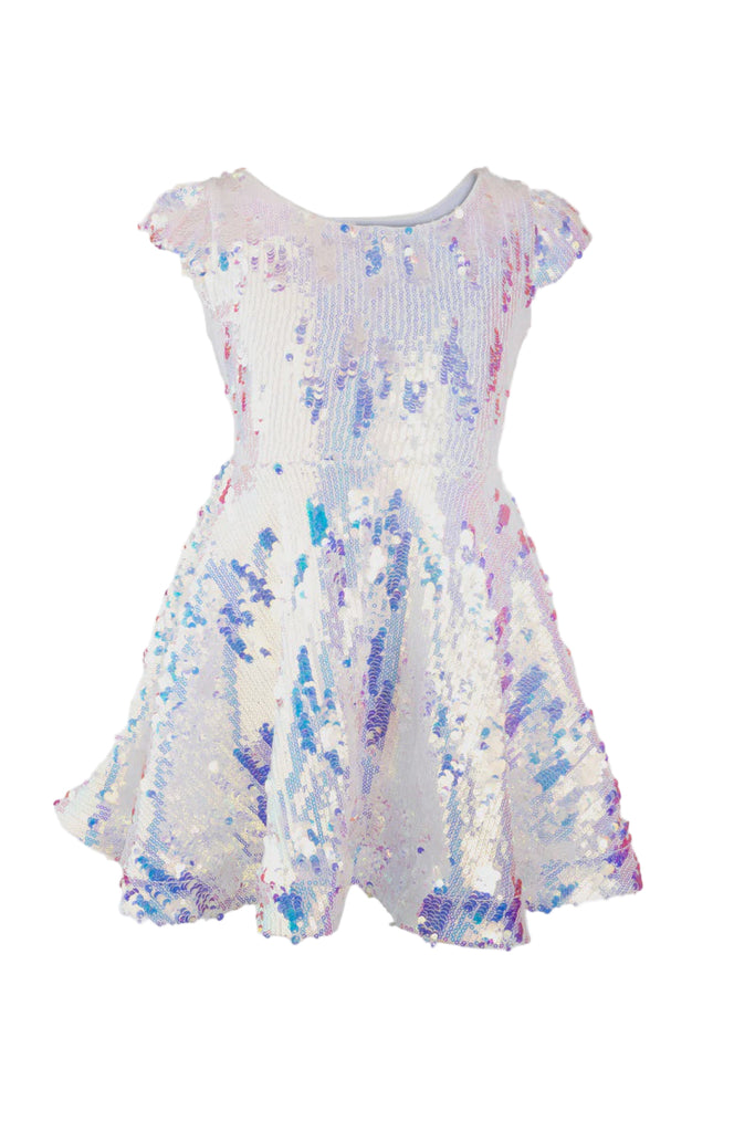 White dress with colorful abstract pattern on a white background