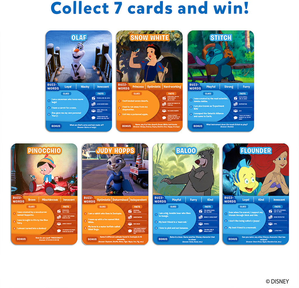 Set of Disney-themed cards with character illustrations and text on a white background