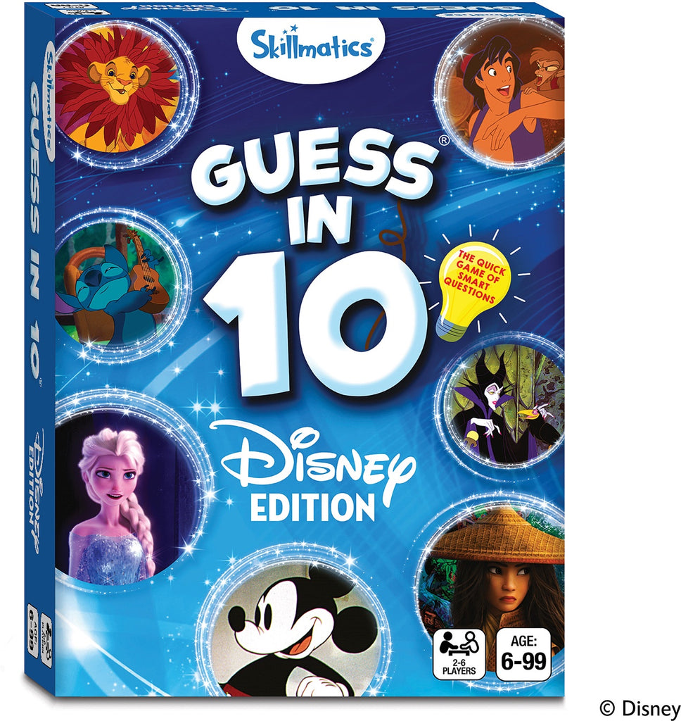 Skillmatics Guess in 10 Disney Edition game box with character images on a blue background