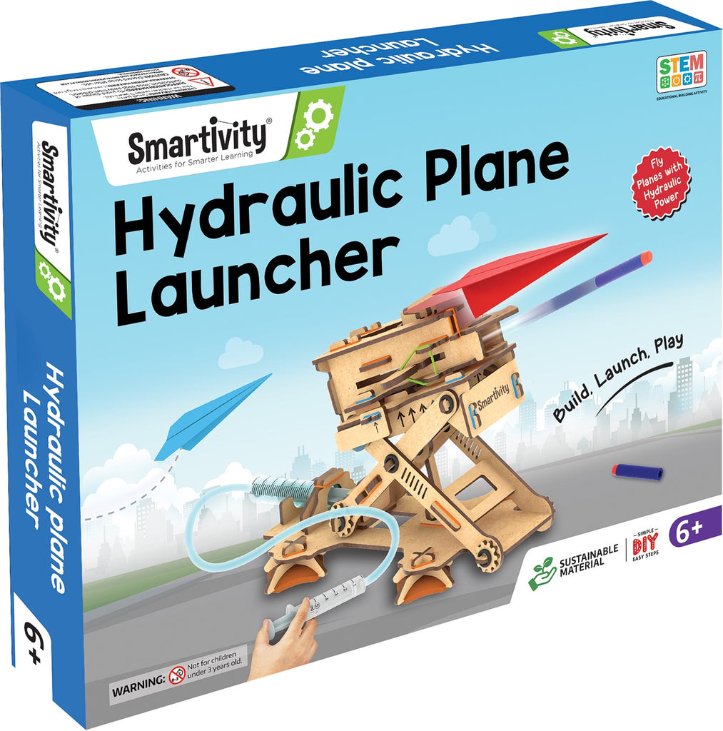 Smartivity Hydraulic Plane Launcher toy set packaging with wooden launcher and colorful planes.