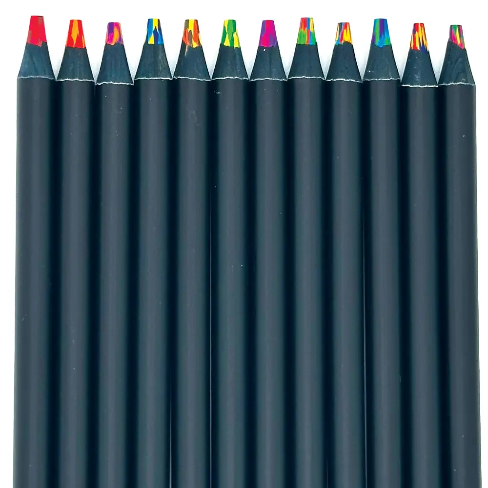 Row of black colored pencils with colorful tips on a white background