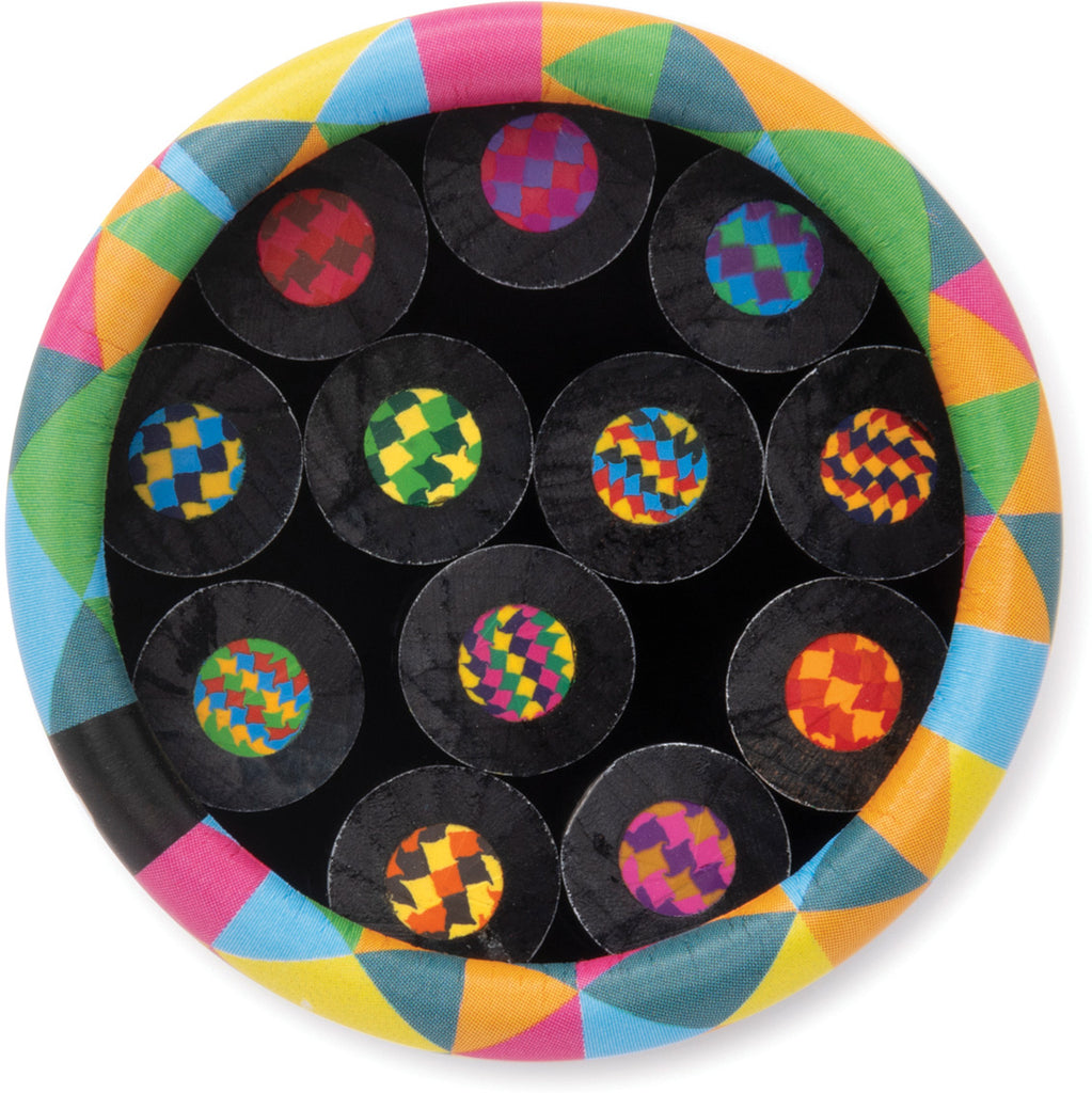 Colorful circular object with black centers and multicolored patterns