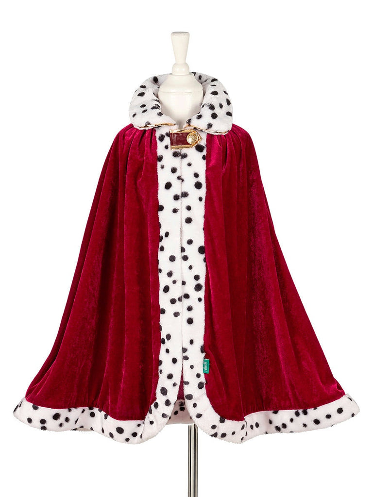 Red cape with white polka dot trim on a mannequin against a white background