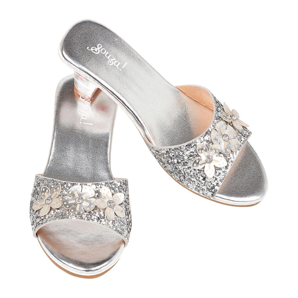 Silver glitter high-heeled shoe with floral embellishments on a white background