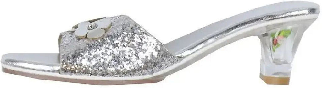 Silver glitter sandal with floral design on a white background