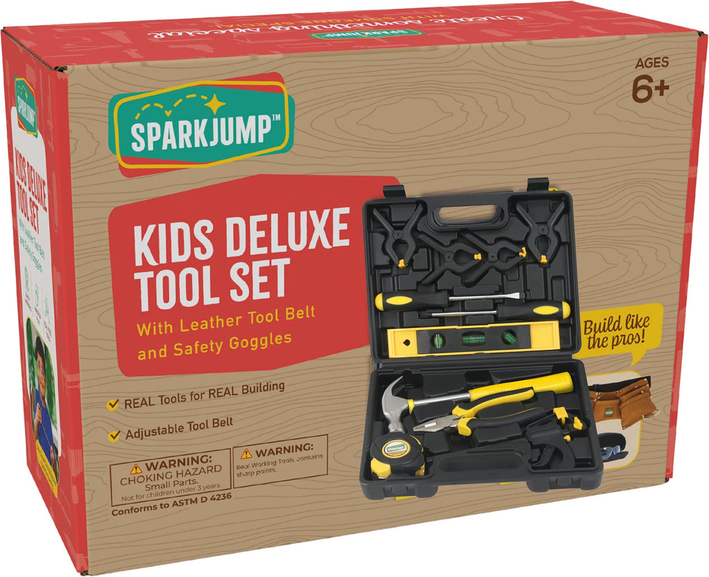 Sparkjump Kids Deluxe Tool Set packaging with tools and safety goggles on a cardboard box.