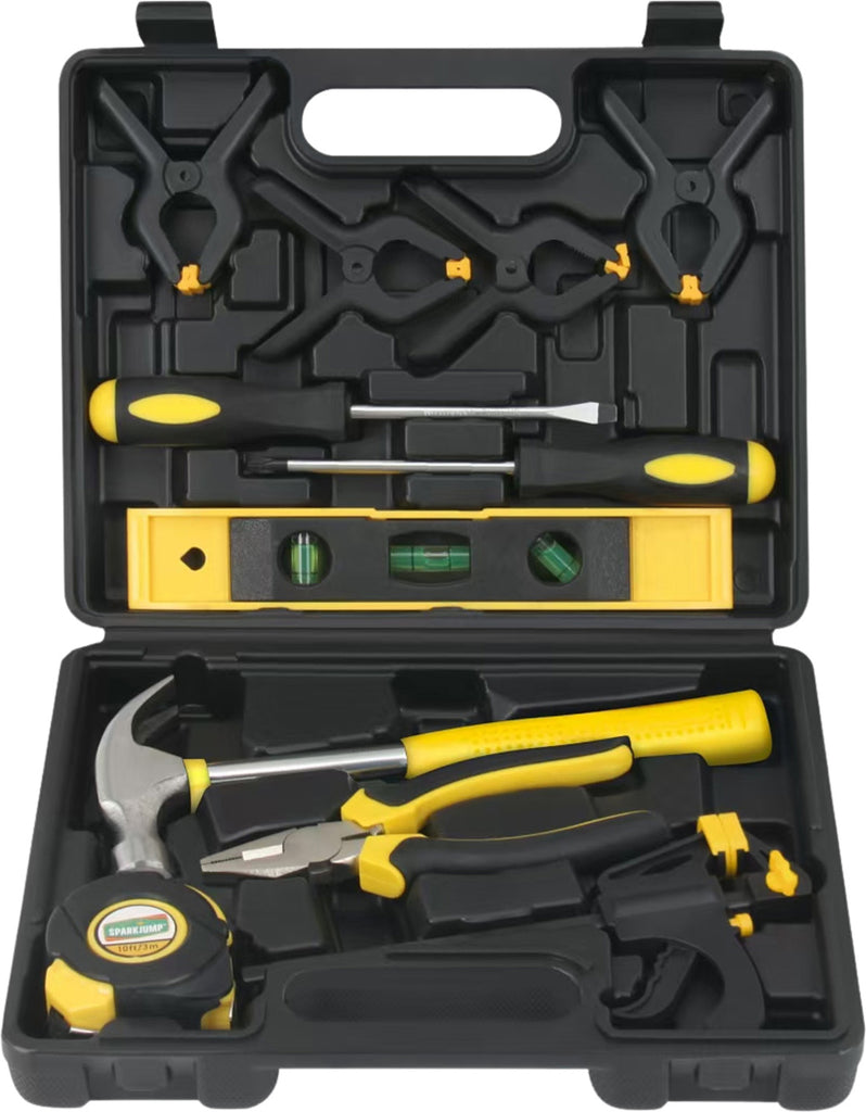 Open tool kit with various tools including a hammer, screwdrivers, and pliers on a white background.